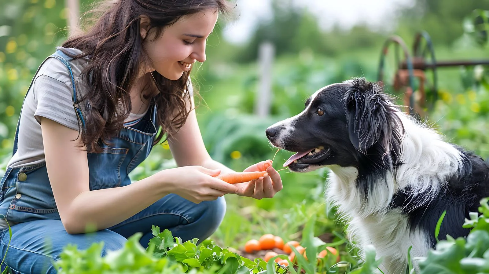 Woman feeding border collie carrot — free download from Dotvec
