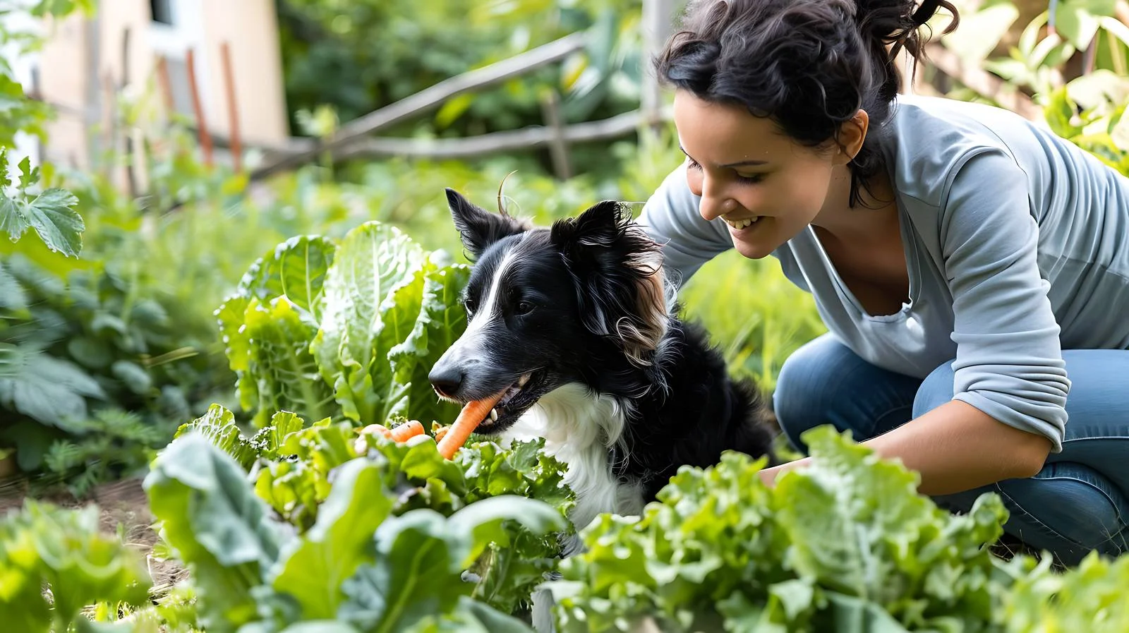 Woman feeding carrot to border collie — free download from Dotvec