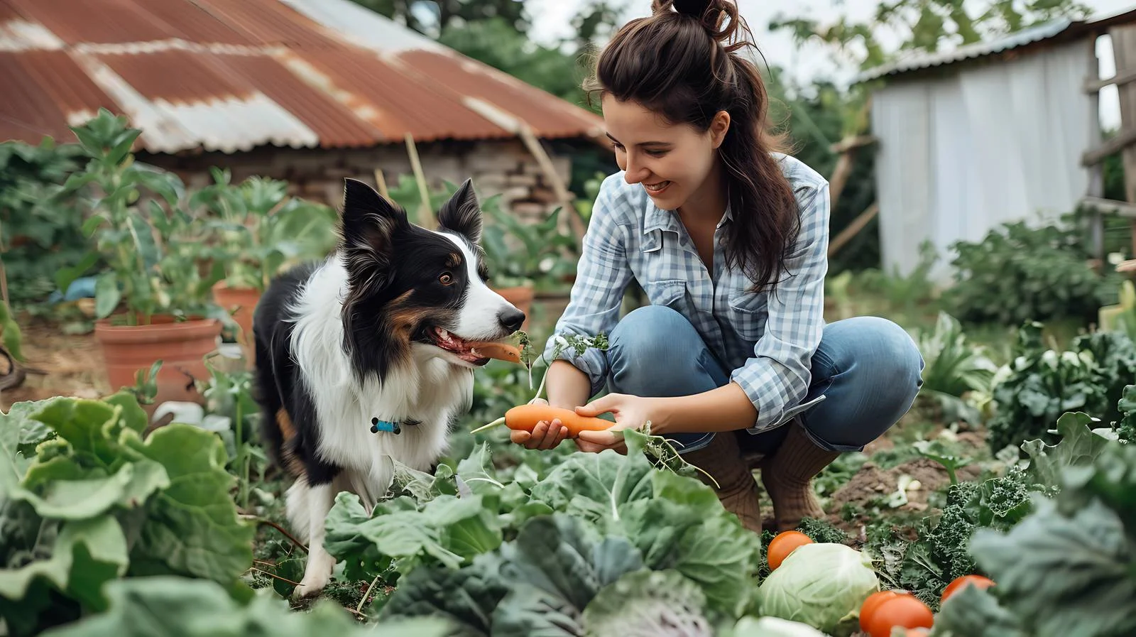 Woman feeding carrot to border collie — free download from Dotvec
