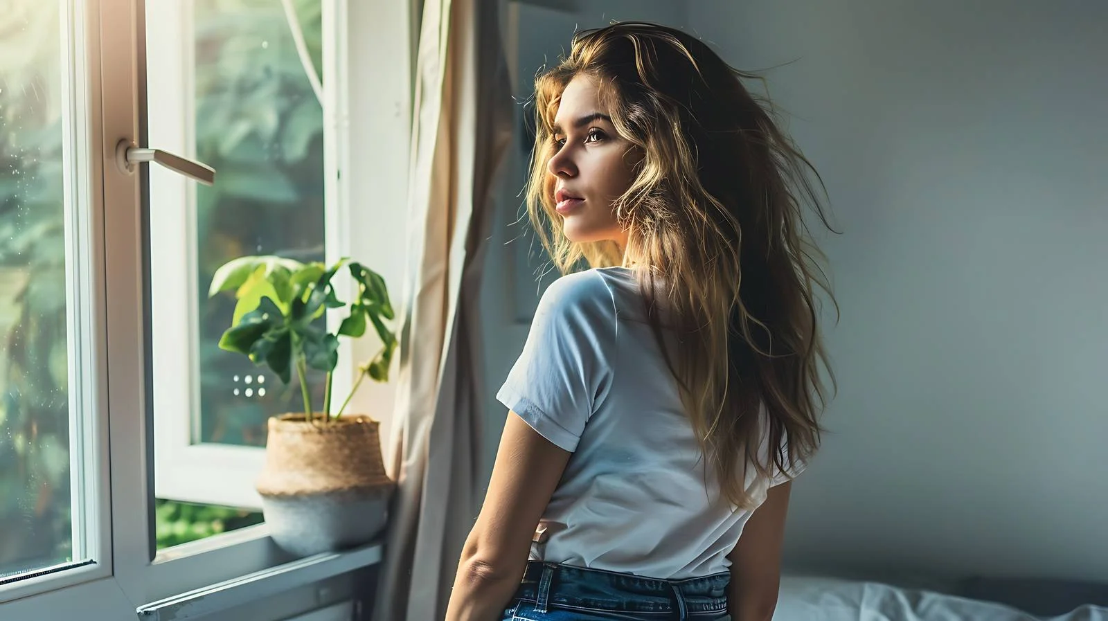 Contemplative woman at window — free download from Dotvec