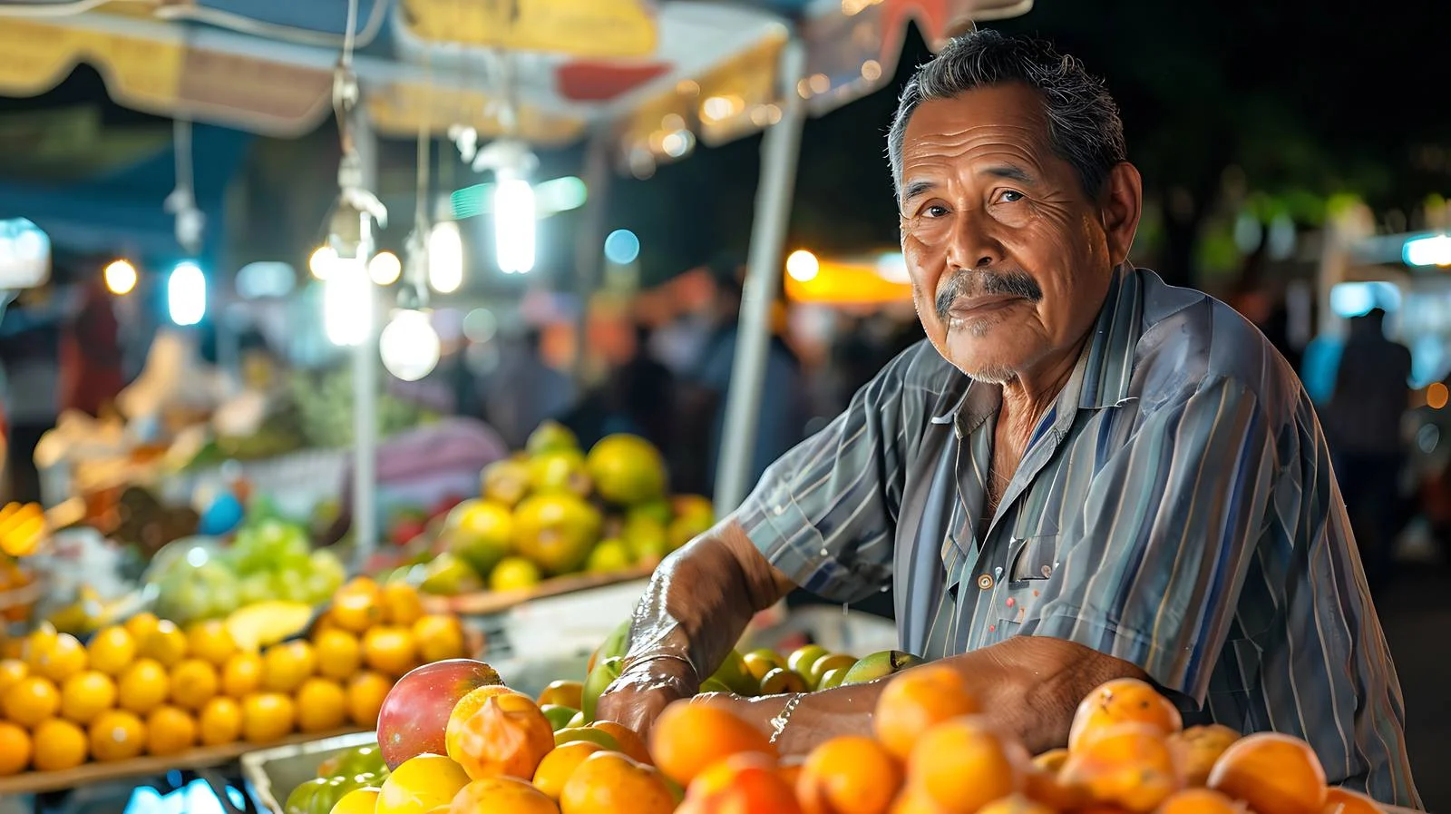 Nocturnal Middle-aged Man Vending Fruits Alone — free download from Dotvec