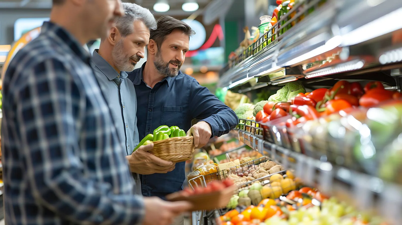 Middle-aged men grocery shopping at supermarket — free download from Dotvec