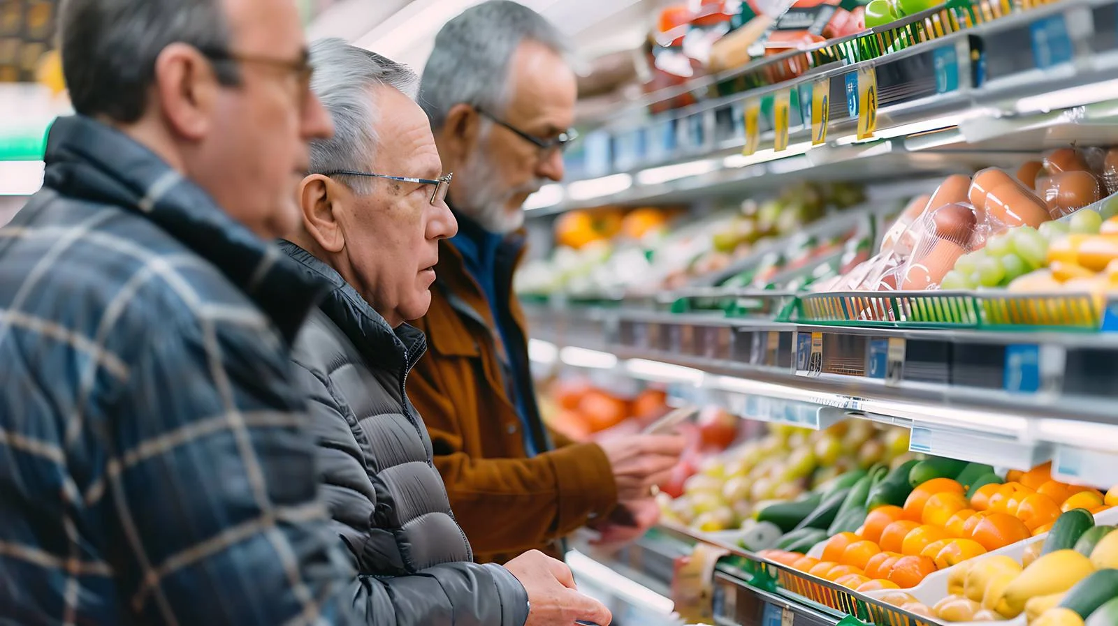Middle-aged men shopping for groceries in supermarket — free download from Dotvec