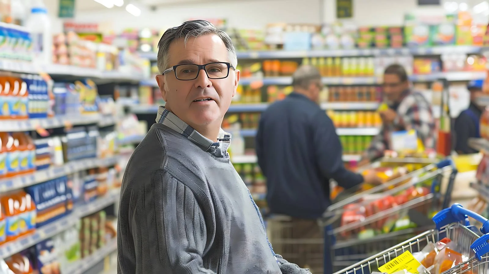 Middle-aged men grocery shopping in store — free download from Dotvec