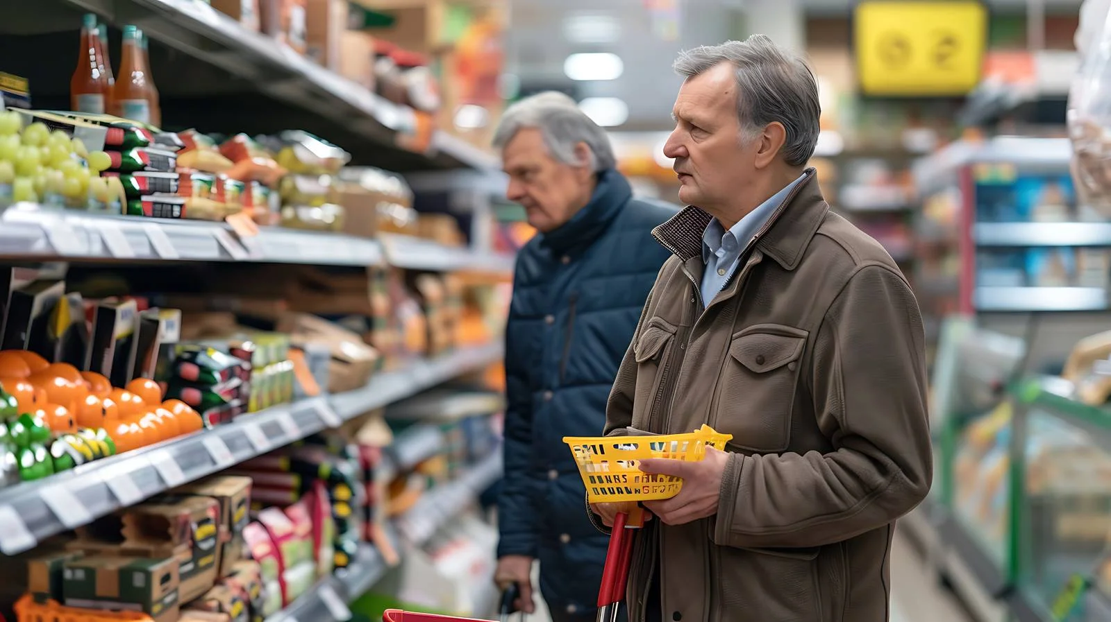 Middle-aged men grocery shopping at supermarket — free download from Dotvec