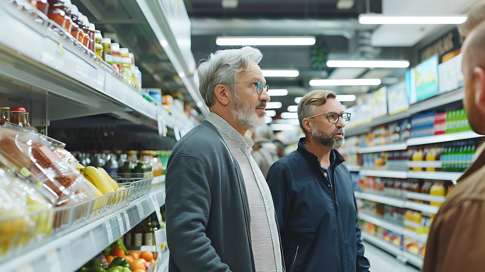 Middle-aged men grocery shopping at supermarket — free download from Dotvec