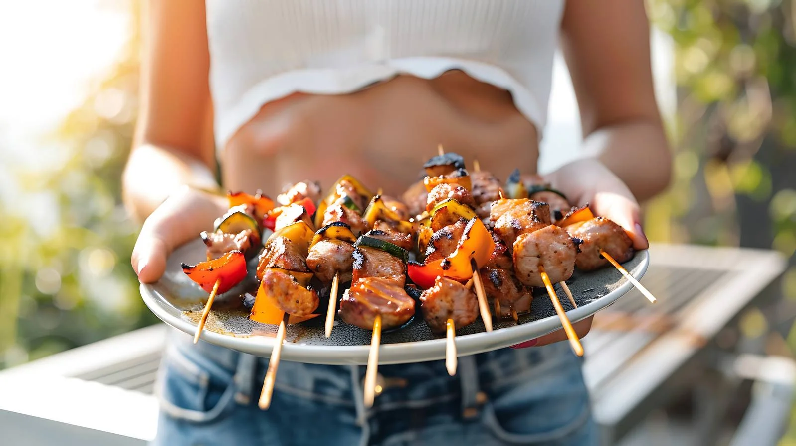 Woman Holding Plate with Skewers — free download from Dotvec