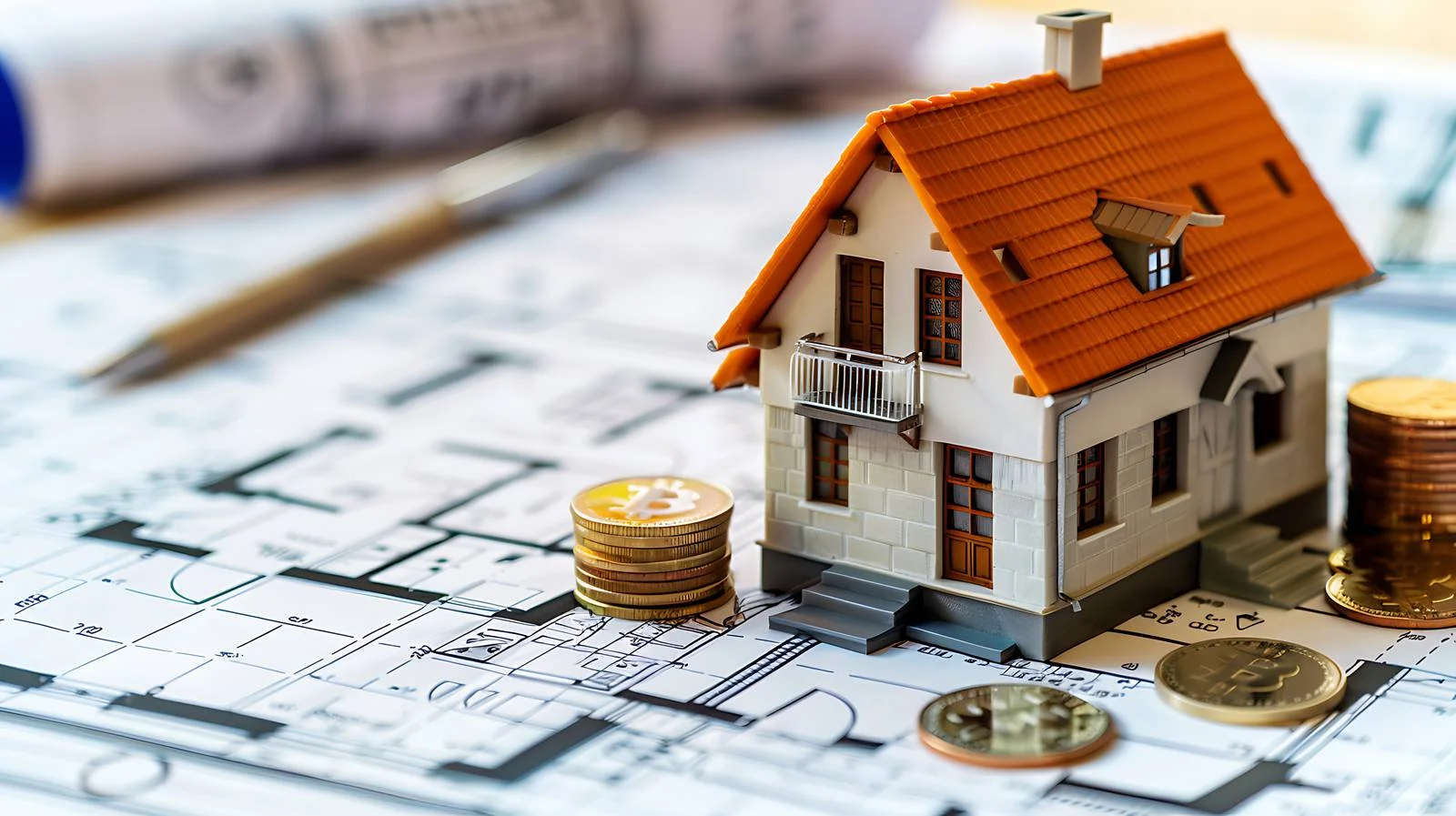 Stacked House and Coin on Blue — free download from Dotvec