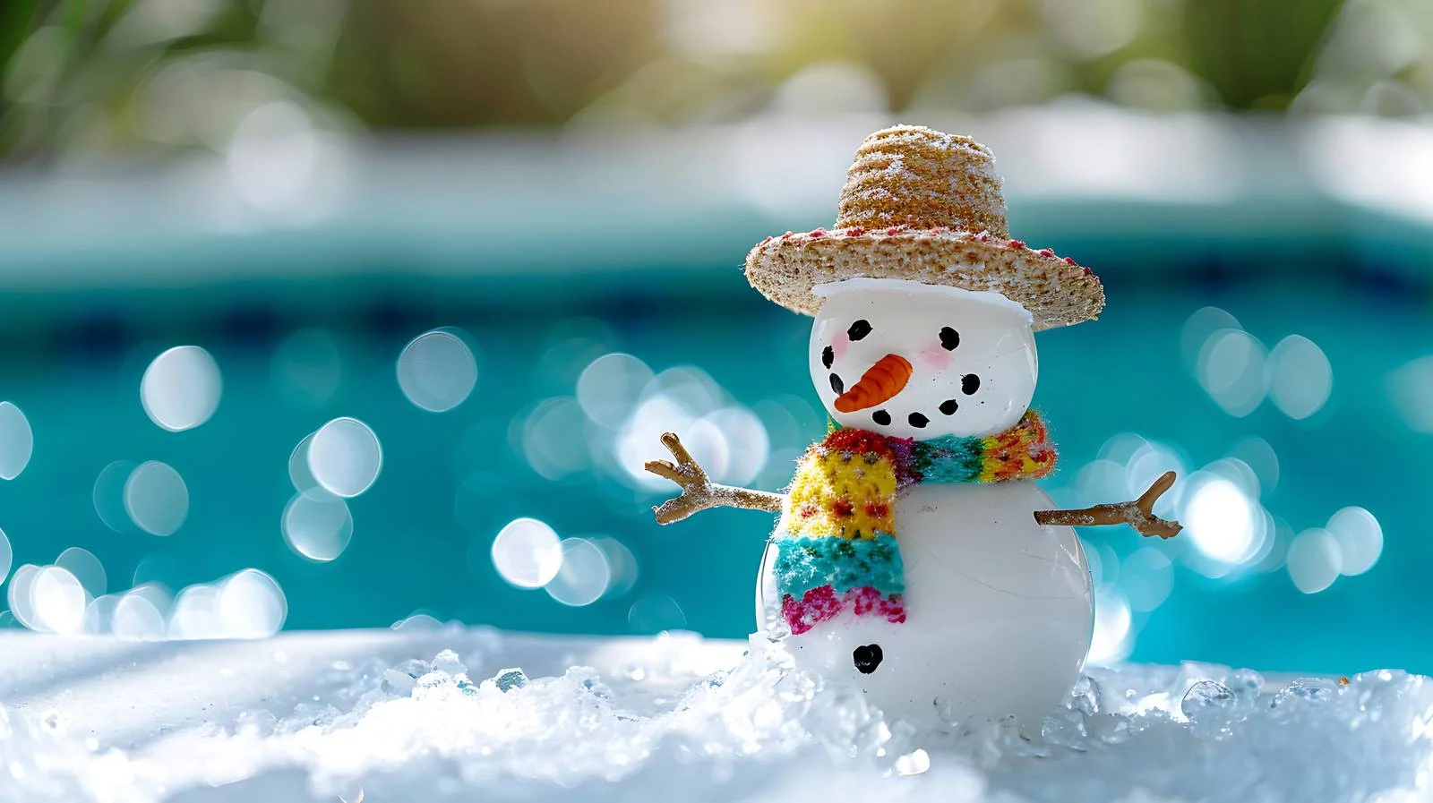 Whimsical snowman with sombrero by poolside — free download from Dotvec