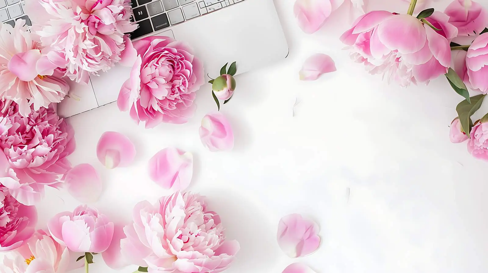 Minimal Workspace with Laptop and Peony Flowers — free download from Dotvec