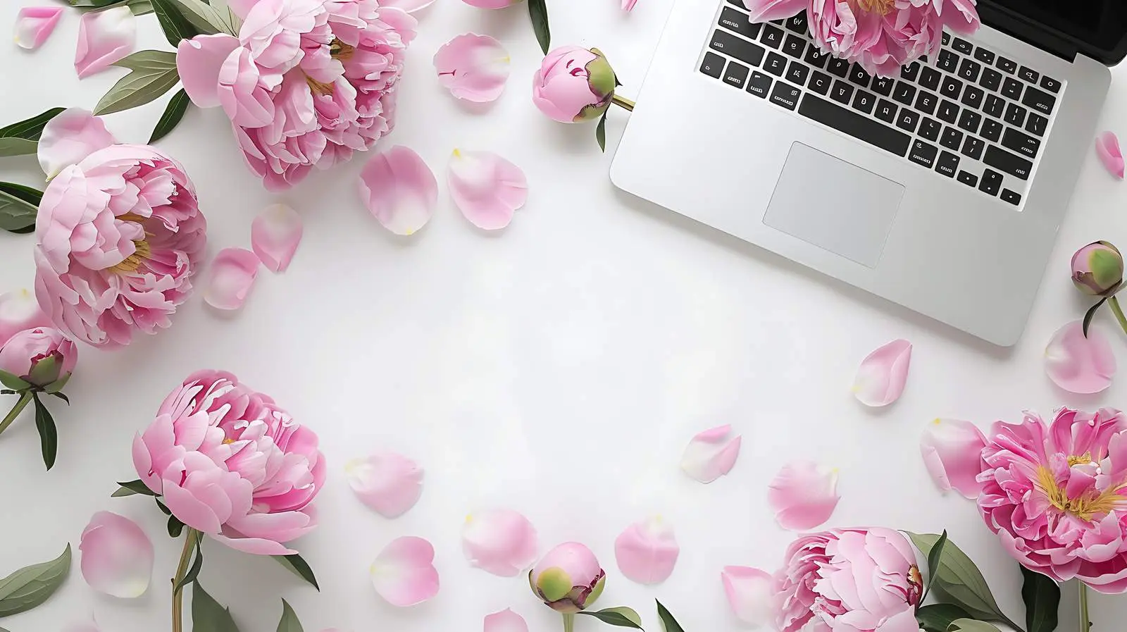 Minimal Workspace with Laptop and Pink Peonies — free download from Dotvec