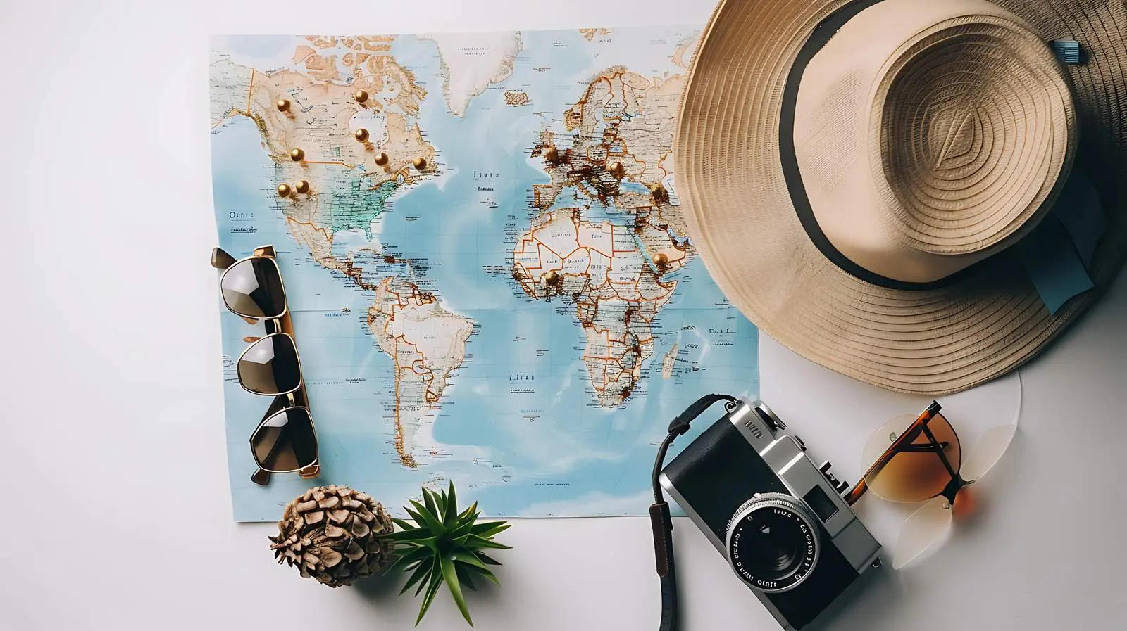 Retro World Map with Pins and Sunglasses – free holiday destinations image from Dotvec