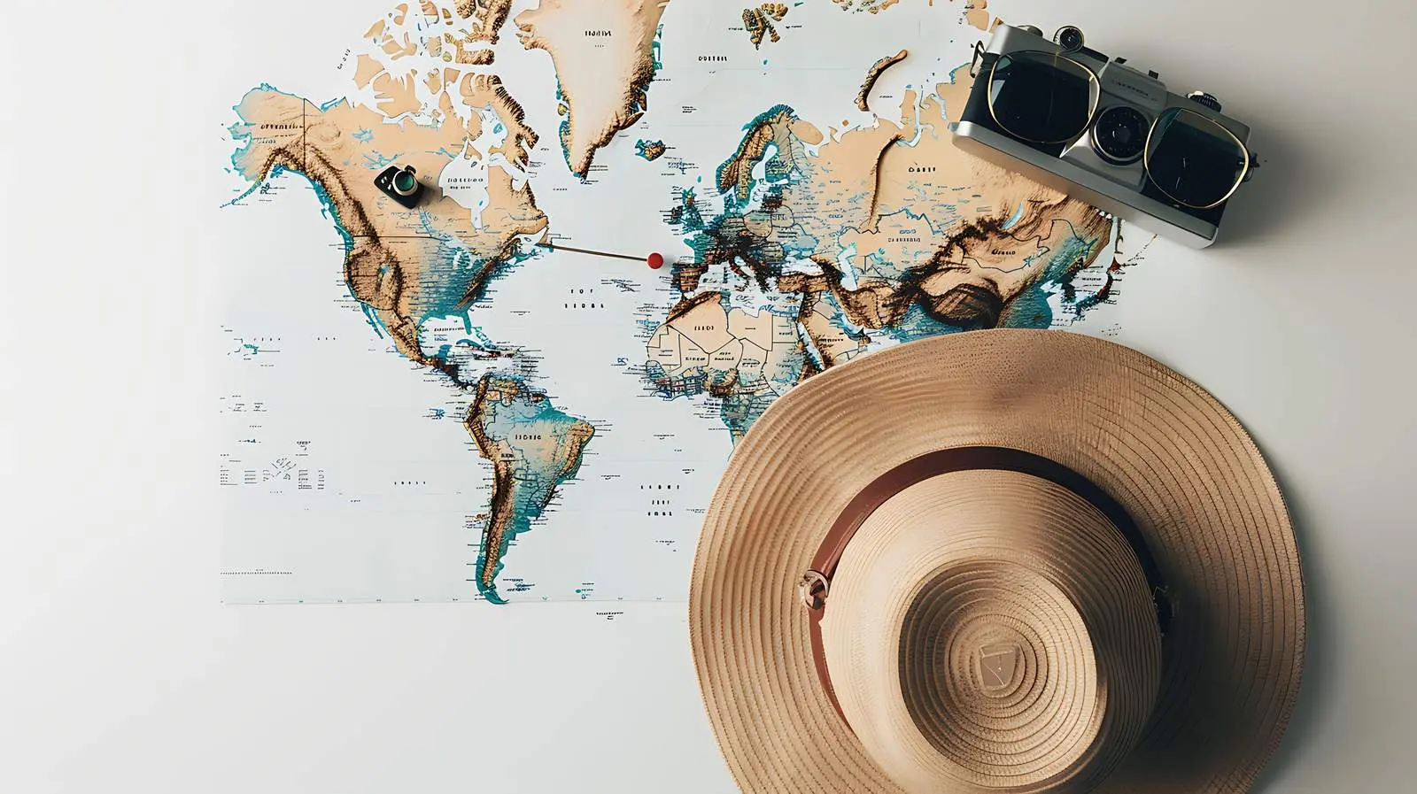 Retro Camera and Sunglasses on World Map – free adventure planning image from Dotvec