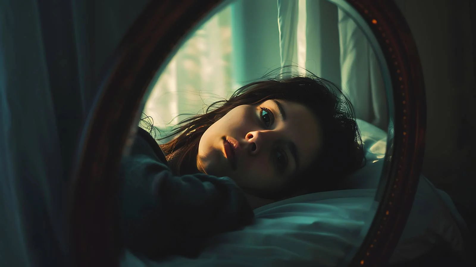 Serene woman's reflection lounging on dim-lit bed — free download from Dotvec