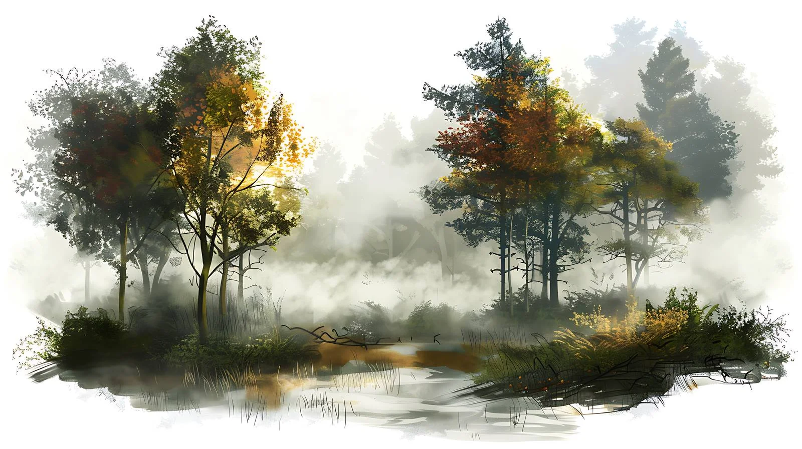 Serene Forest Morning Mist on White Background — free download from Dotvec