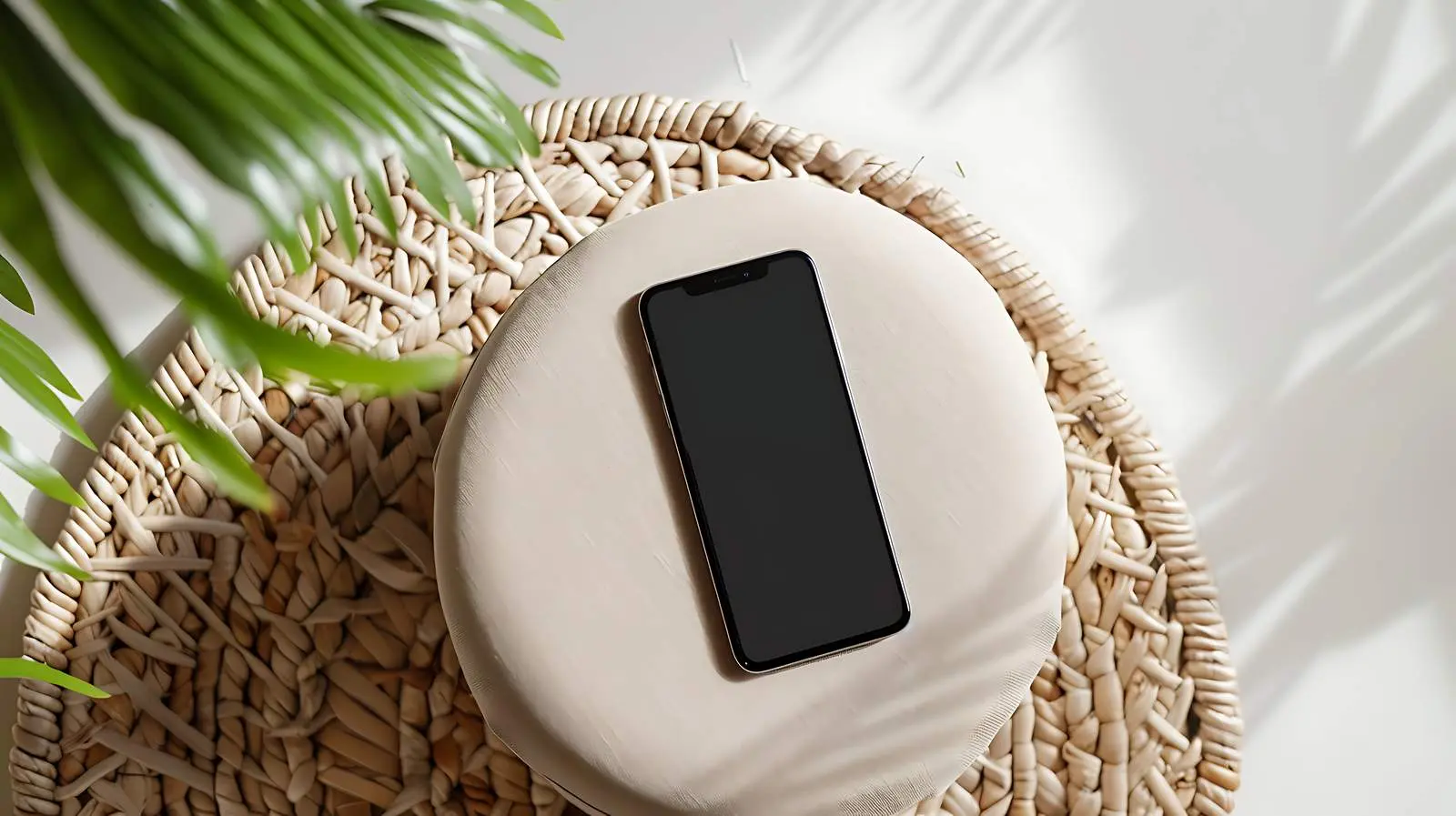 Aesthetic Mobile Phone on Beige Stool Flat Lay — free download from Dotvec