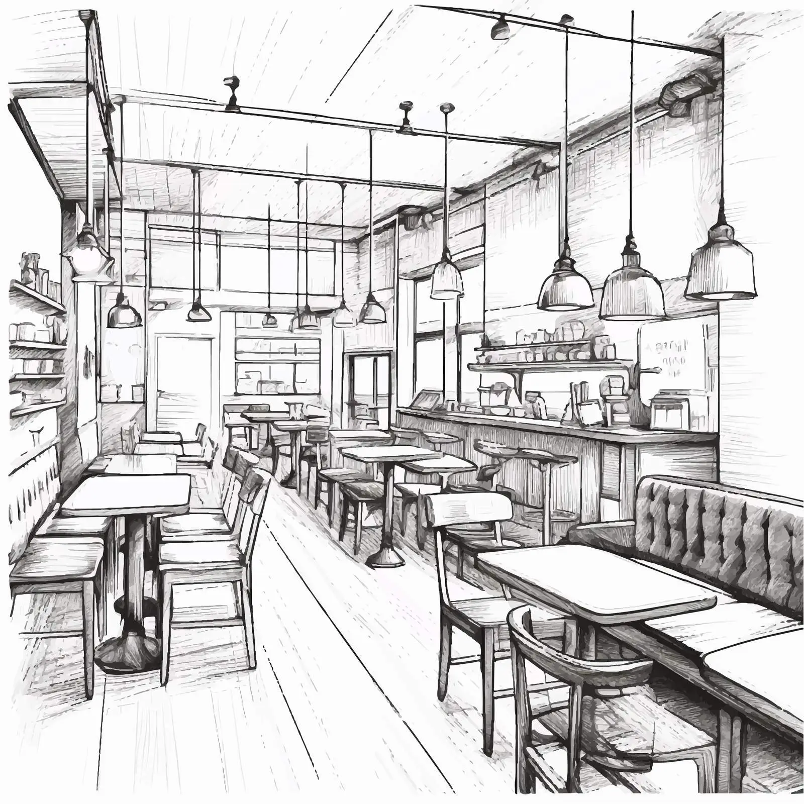 Loft Style Modern Cafe Interior Sketch – free sketch illustration image from Dotvec