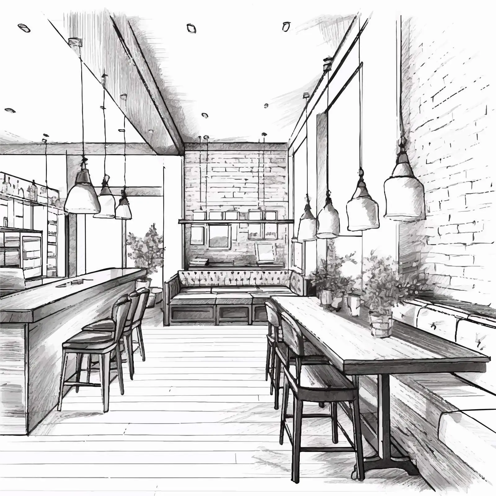 Loft Style Cafe Interior Hand-Drawn Sketch — free download from Dotvec
