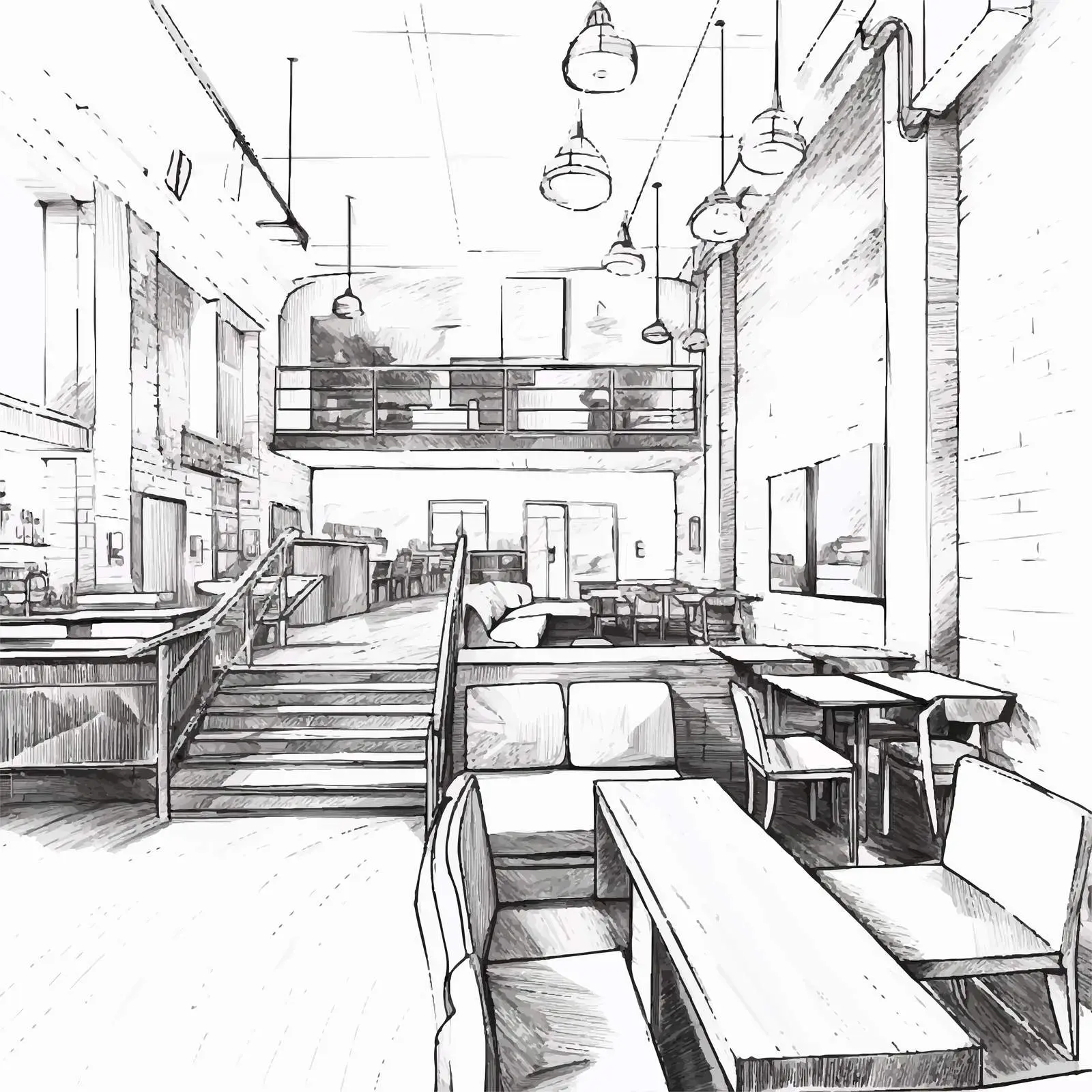 Loft Style Modern Cafe Interior Sketch – free restaurant interior image from Dotvec