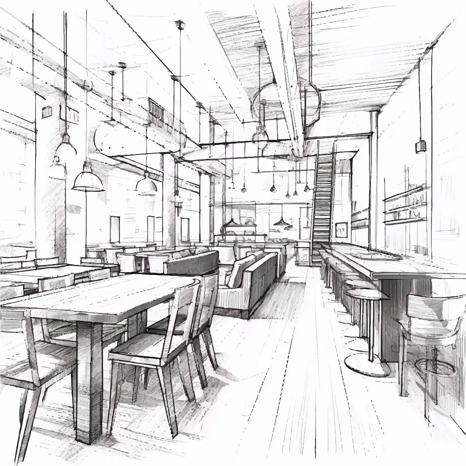 Modern Loft Style Cafe Interior Sketch — free download from Dotvec