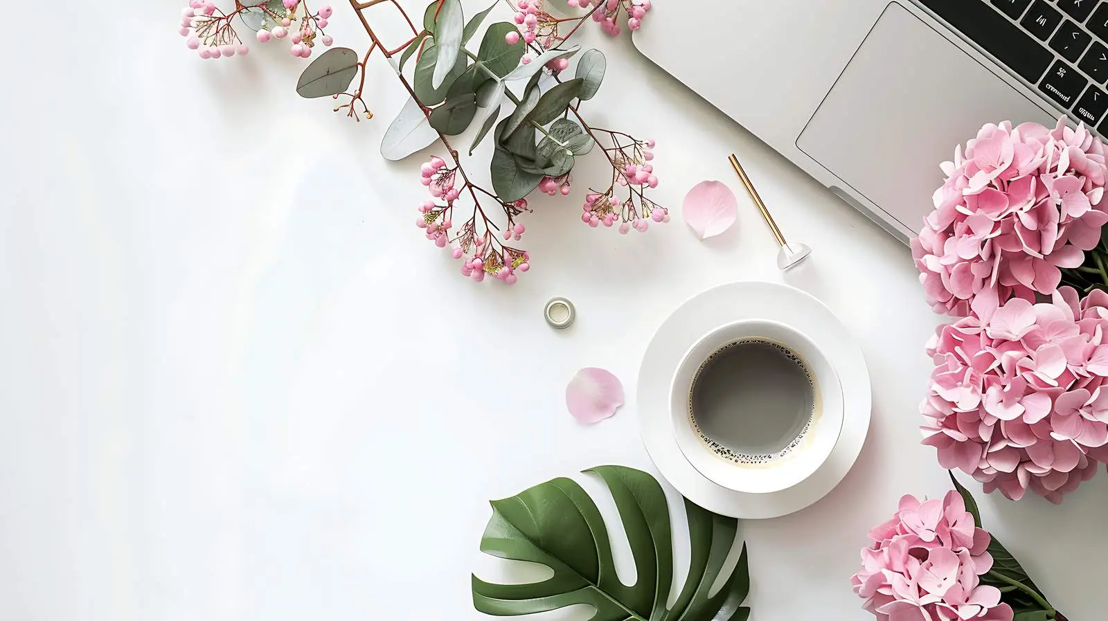 Stylish Home Office Workspace with Laptop and Hydrangea — free download from Dotvec