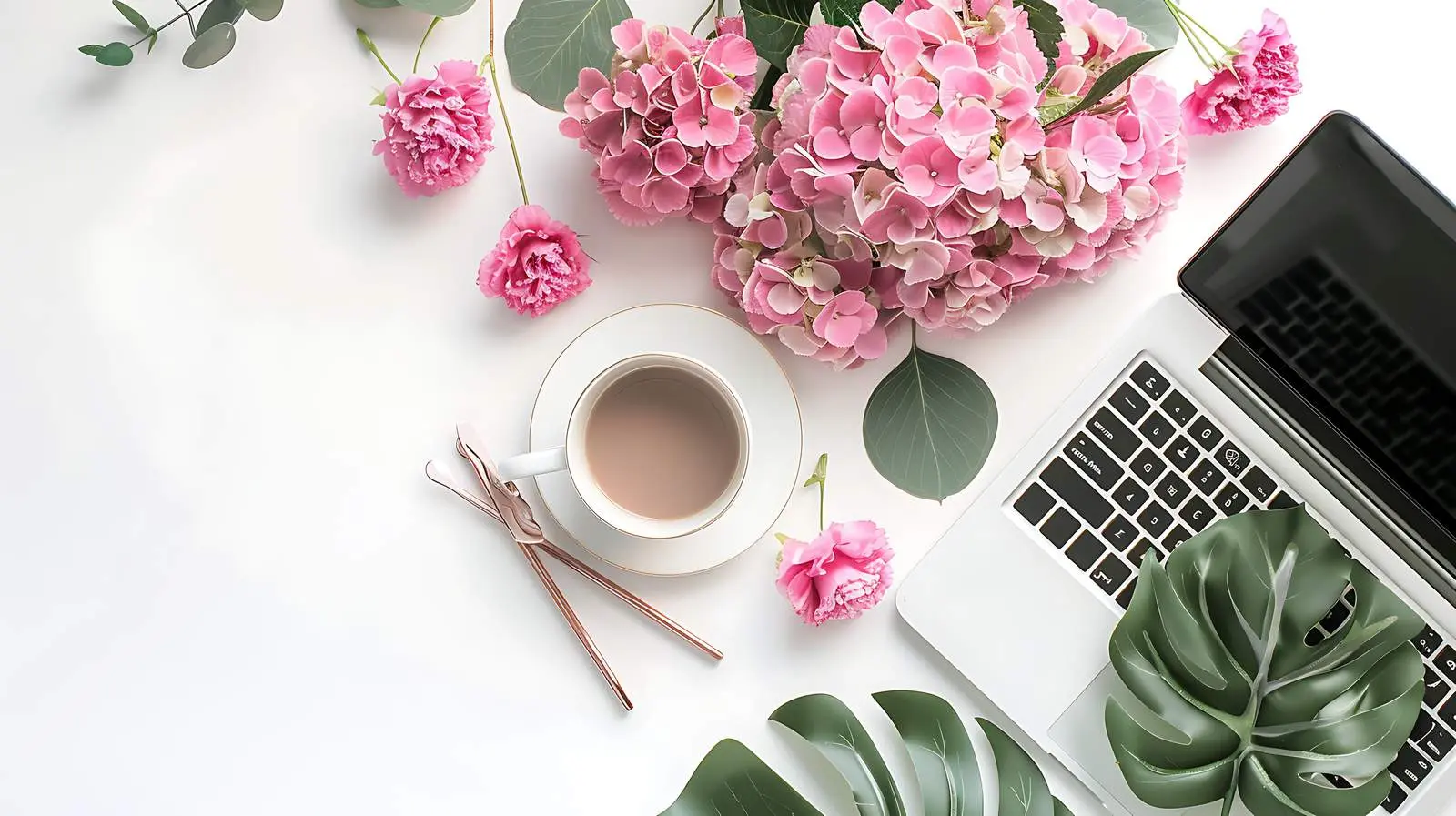 Modern Home Office Workspace with Laptop and Hydrangea — free download from Dotvec