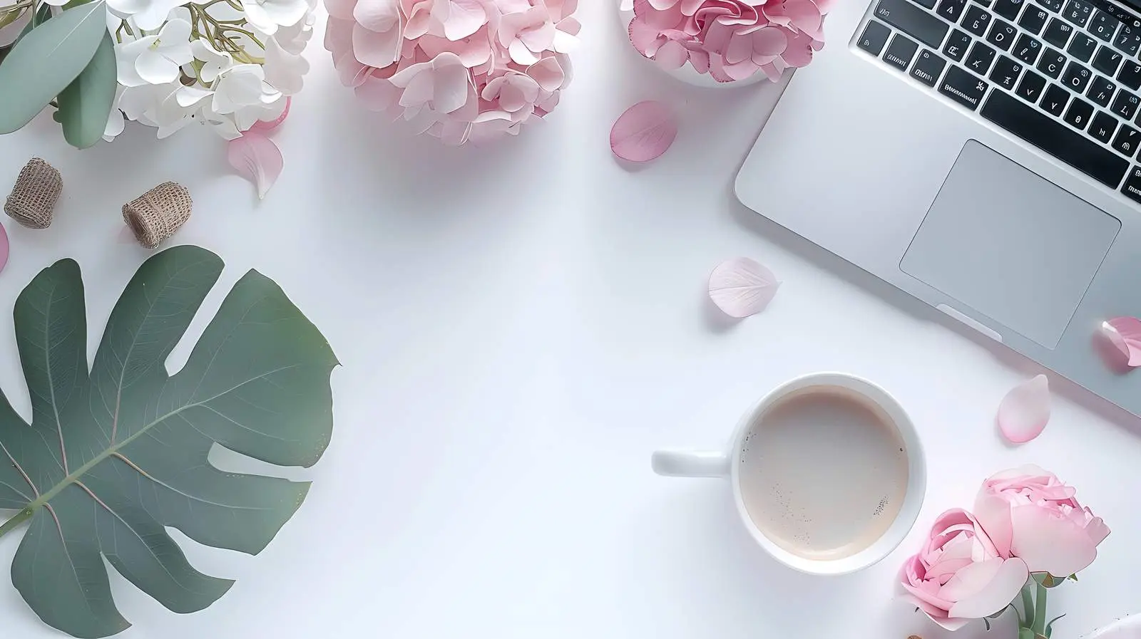 Modern Home Office Workspace with Laptop and Hydrangeas — free download from Dotvec