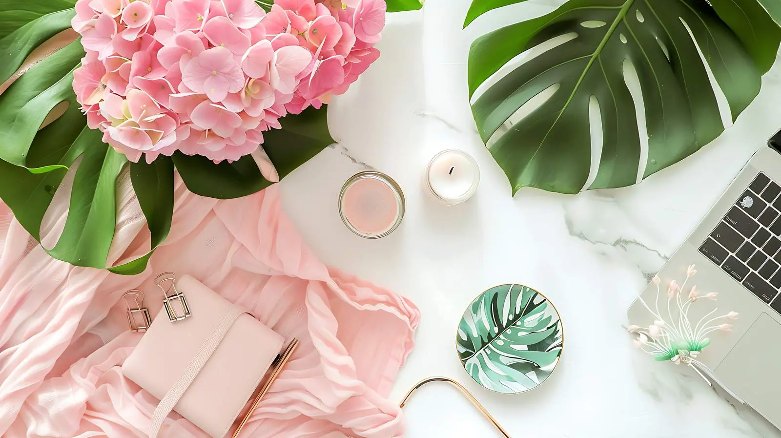 Modern Home Office Workspace with Laptop and Hydrangea — free download from Dotvec