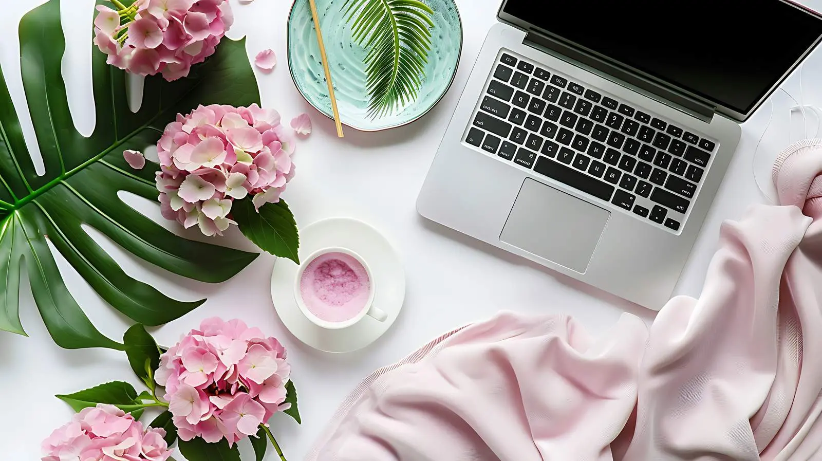 Stylish Home Office Desk with Laptop and Hydrangeas – free stylish workspace image from Dotvec