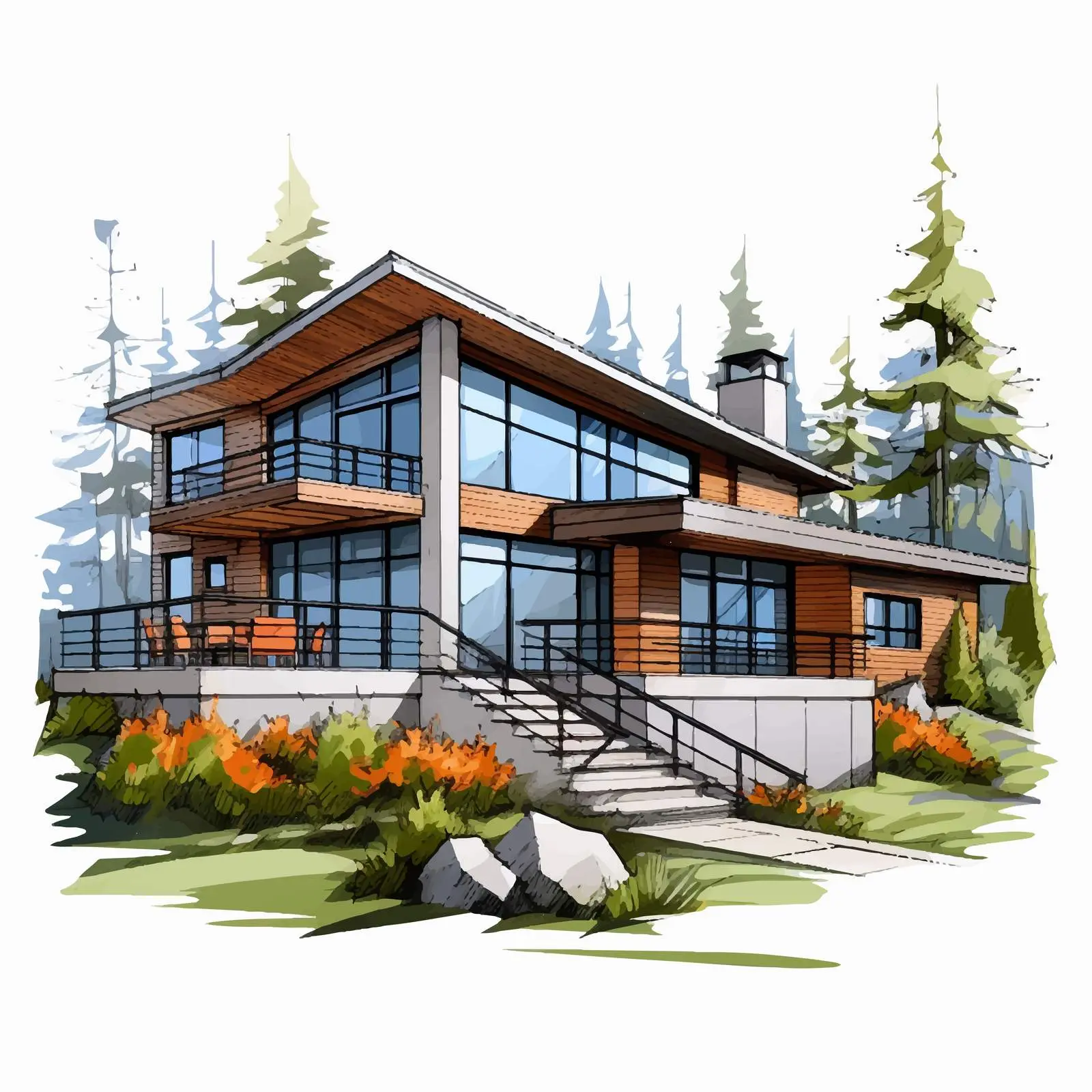 Modern Rural Home Exterior Design Sketch — free download from Dotvec