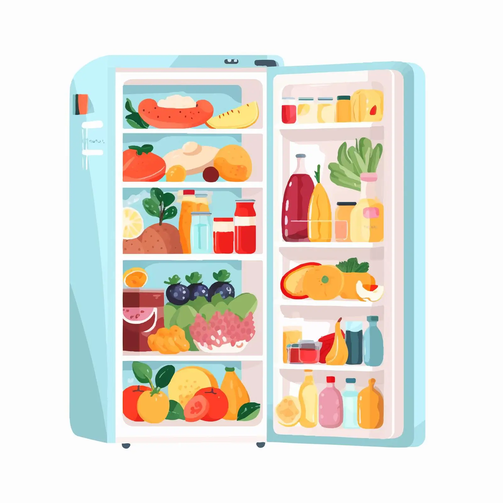 Modern Refrigerator with Open Door and Food Items – free food display image from Dotvec