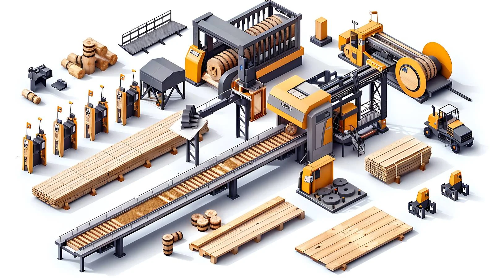 Efficient sawmill operation cutting logs into boards — free download from Dotvec