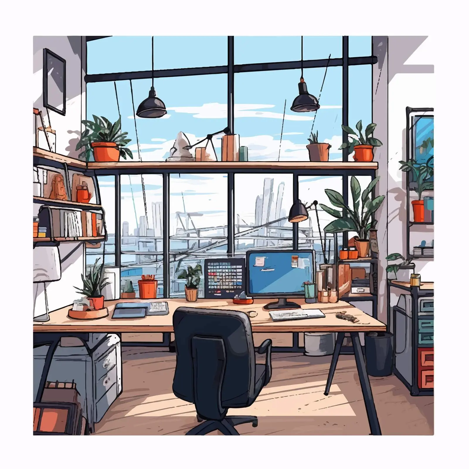 Loft Style Modern Workplace Interior Illustration — free download from Dotvec