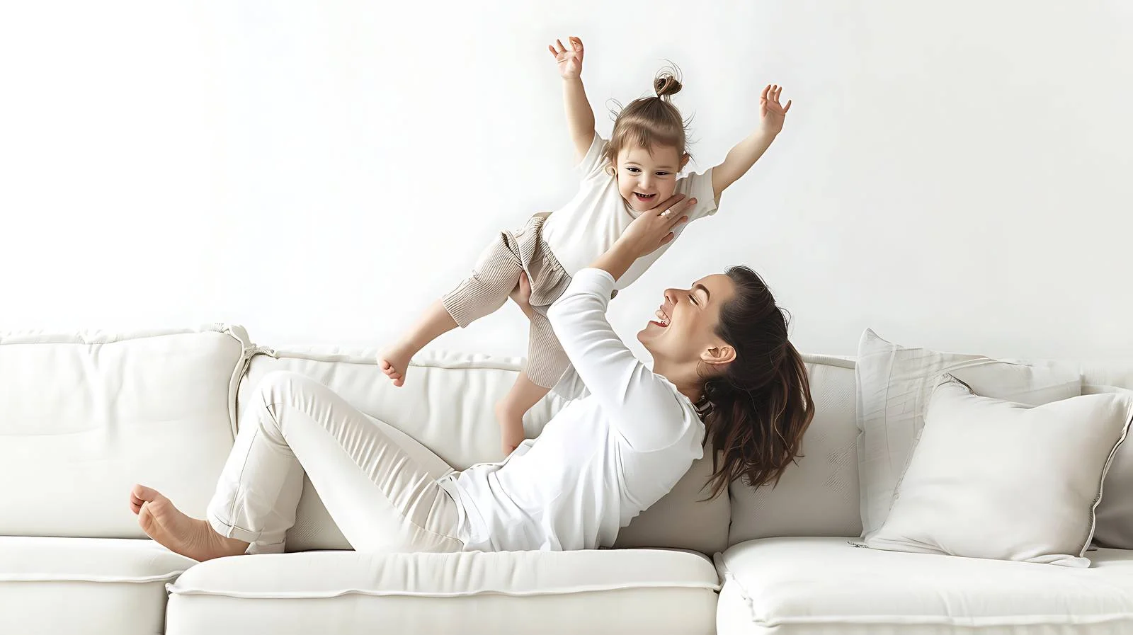 Mother Lifting Daughter on Couch Tenderly — free download from Dotvec