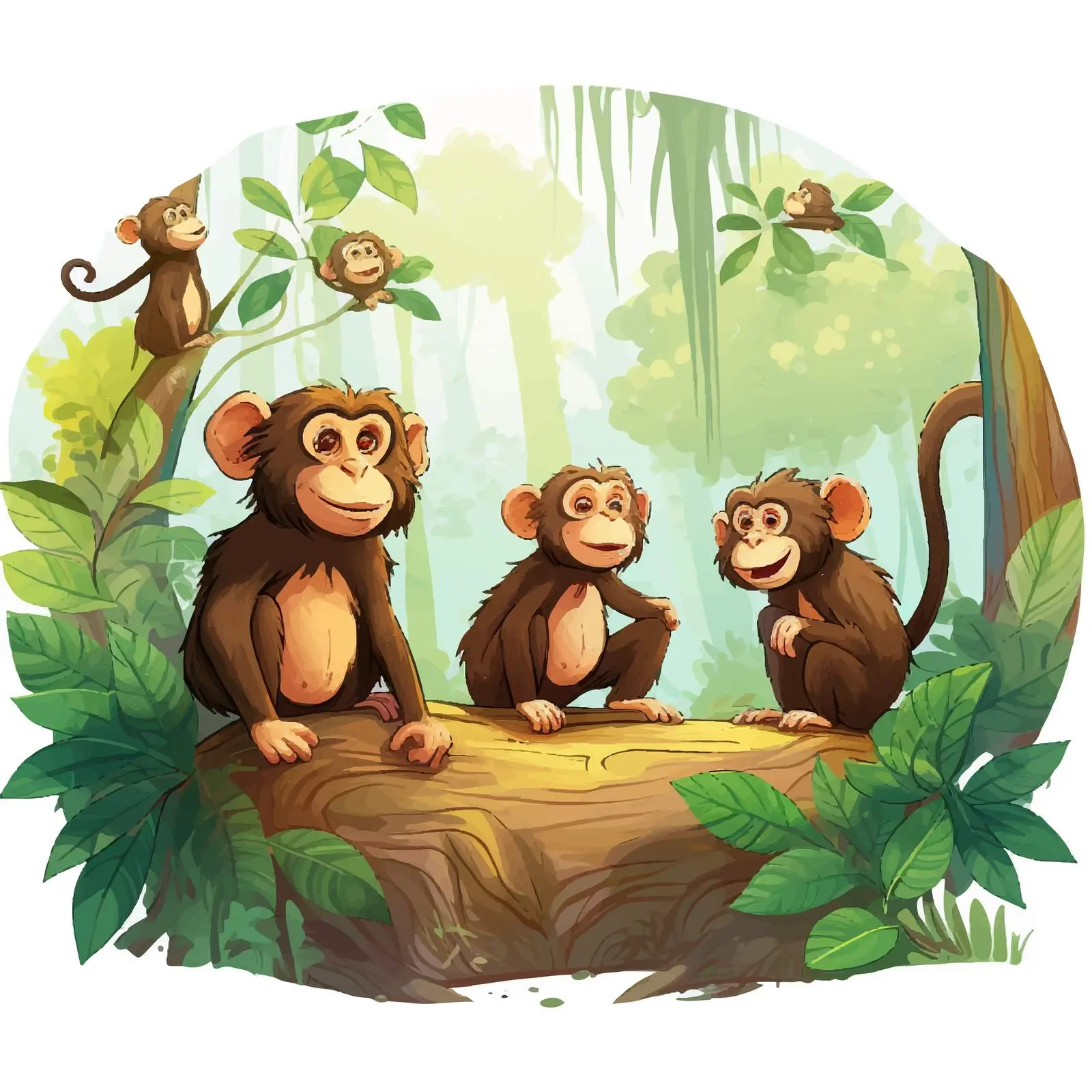 Cartoon Monkeys in Forest Illustration – free cute monkeys image from Dotvec