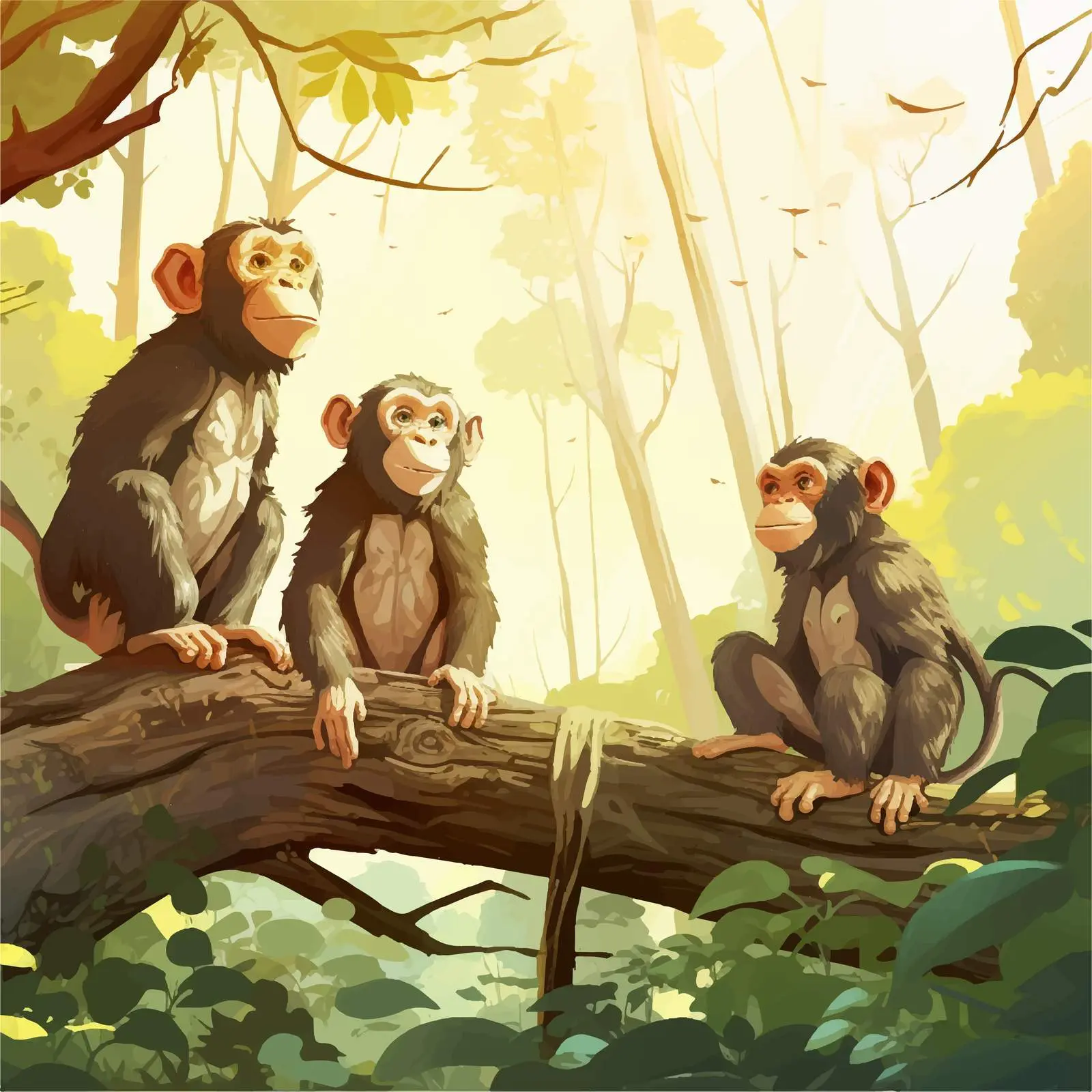 Cartoon Monkeys in Forest Vector Illustration – free cute monkeys image from Dotvec