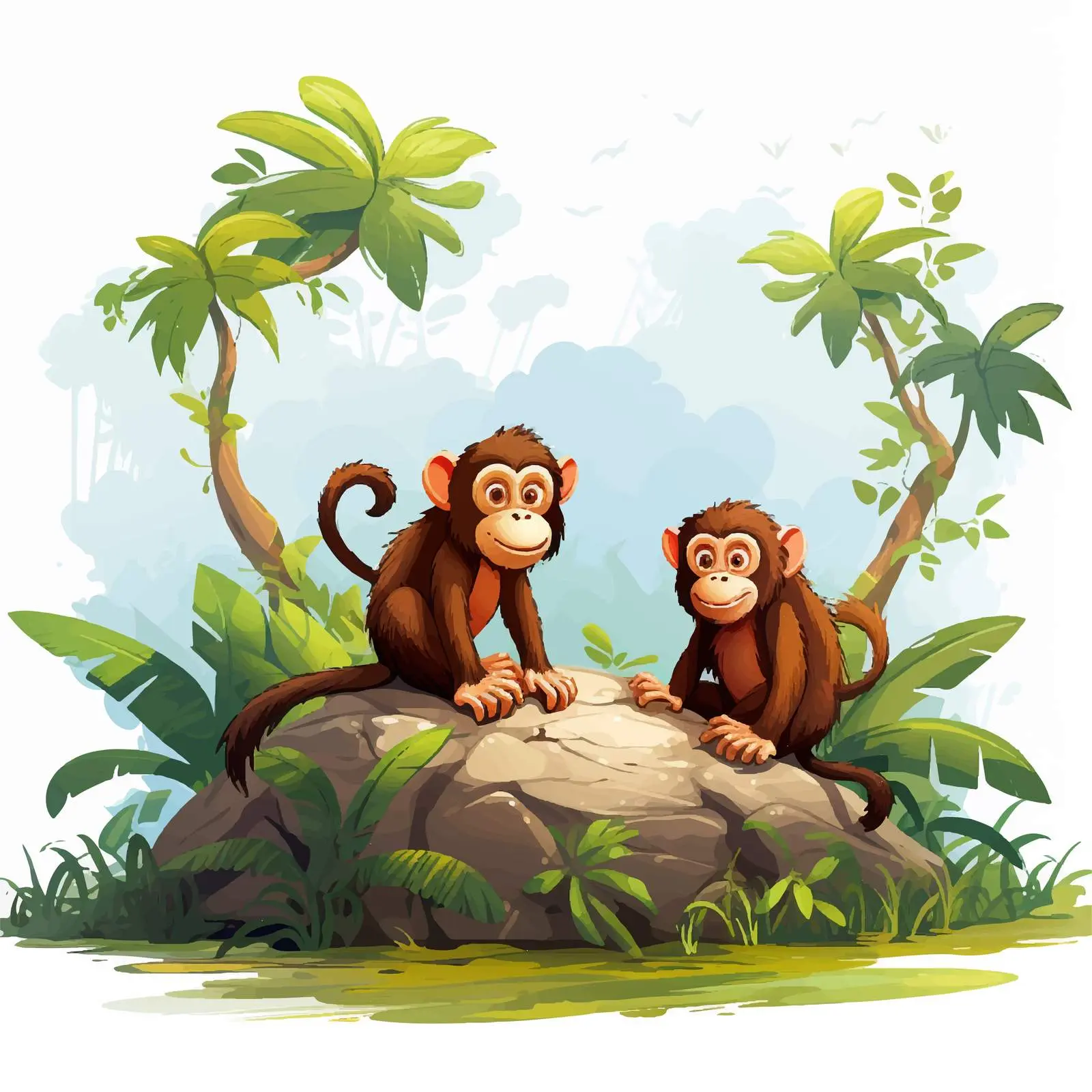 Cartoon Monkeys in Forest Vector Illustration – free cute monkeys image from Dotvec