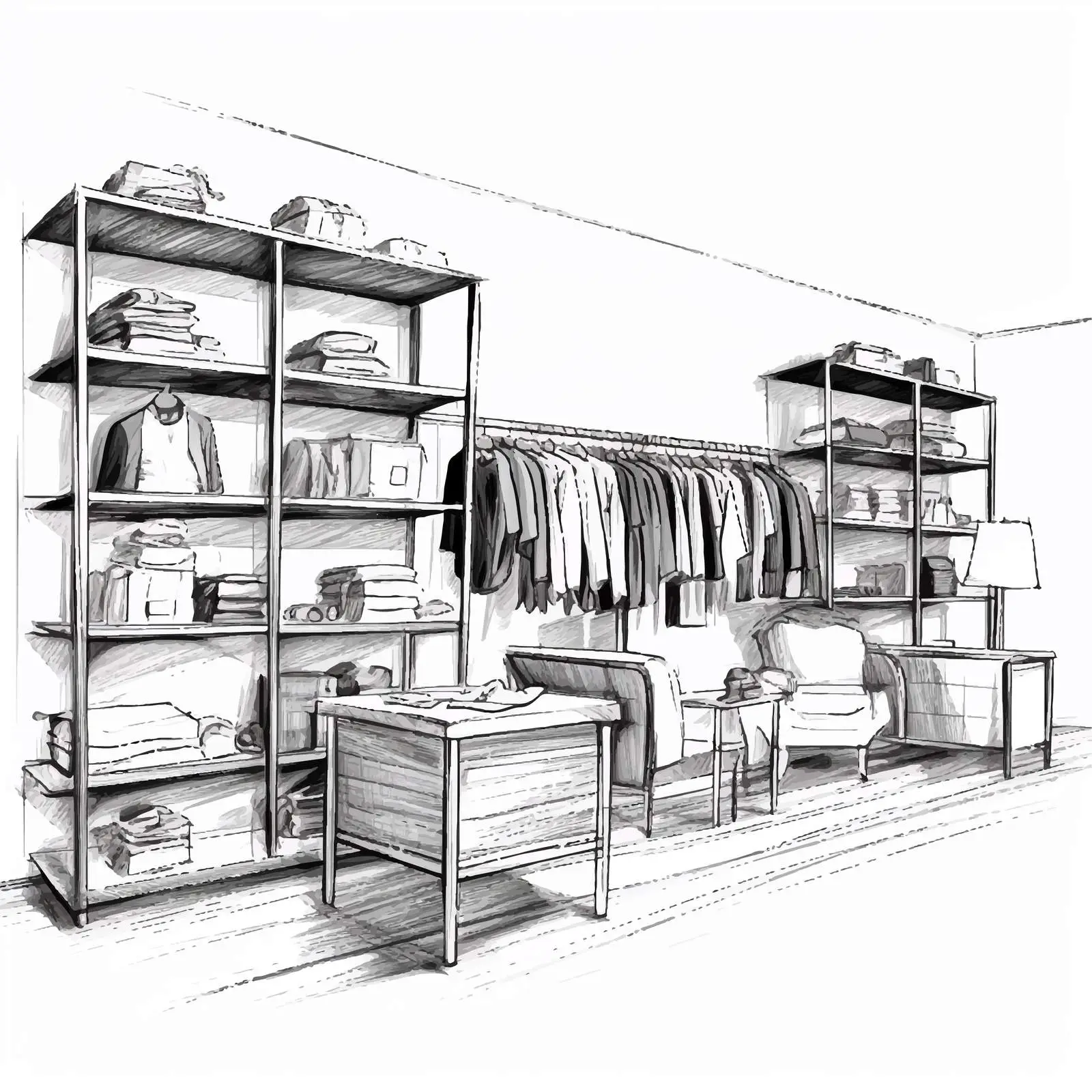 Monochrome Freehand Sketch of Clothing Showroom — free download from Dotvec