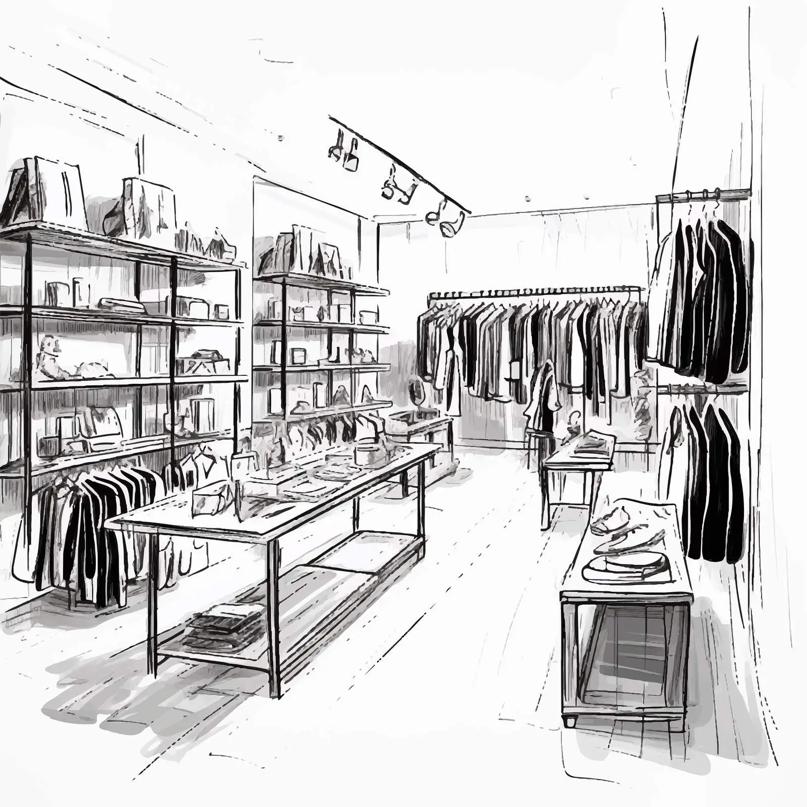 Monochrome Sketch of Boutique Clothing Showroom — free download from Dotvec
