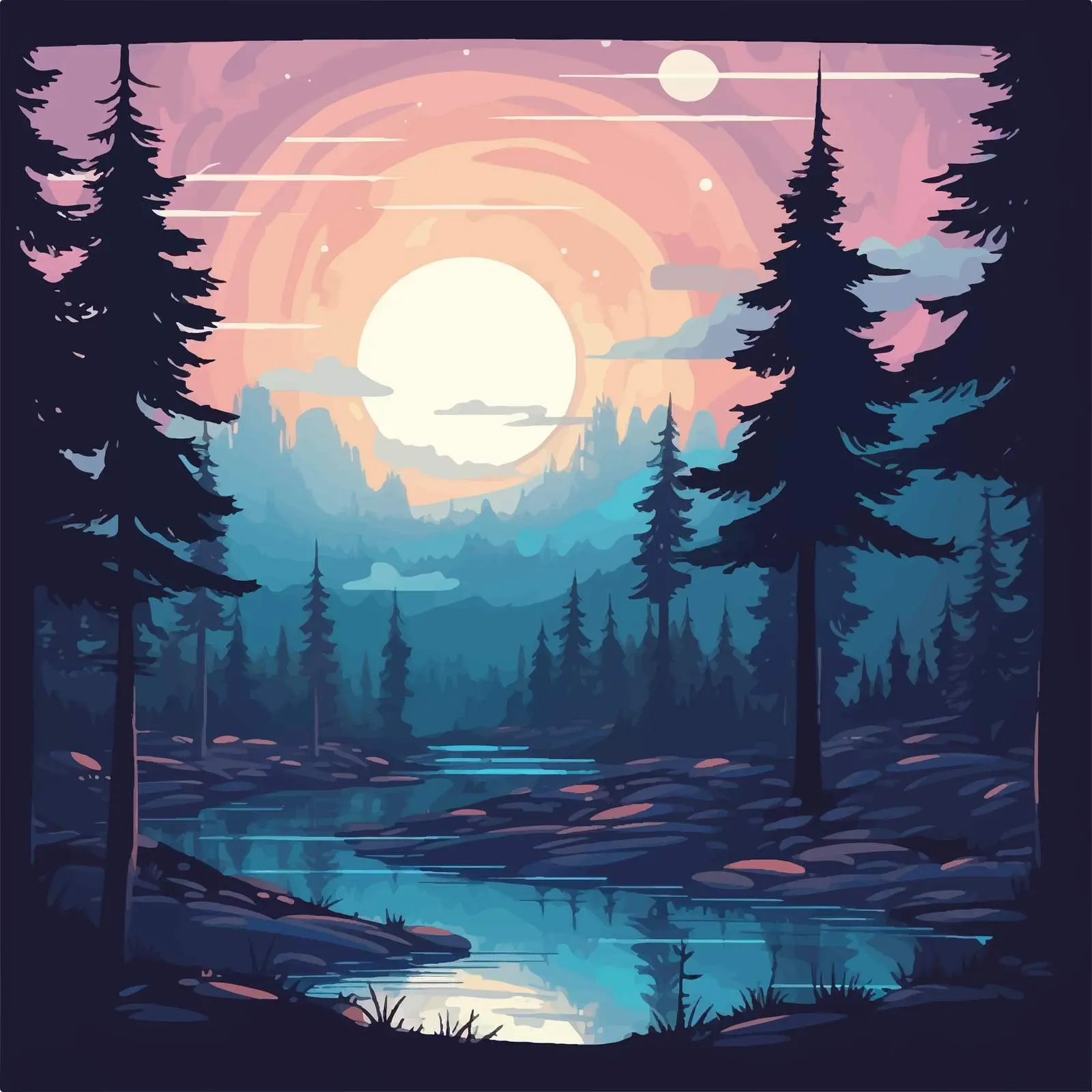 Moonrise Over the Forest Cartoon Vector Illustration — free download from Dotvec