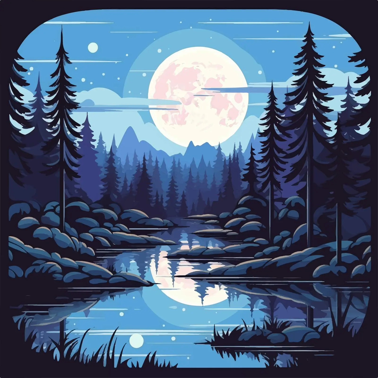 Calm Night Cartoon Illustration of Moonrise Over Forest — free download from Dotvec