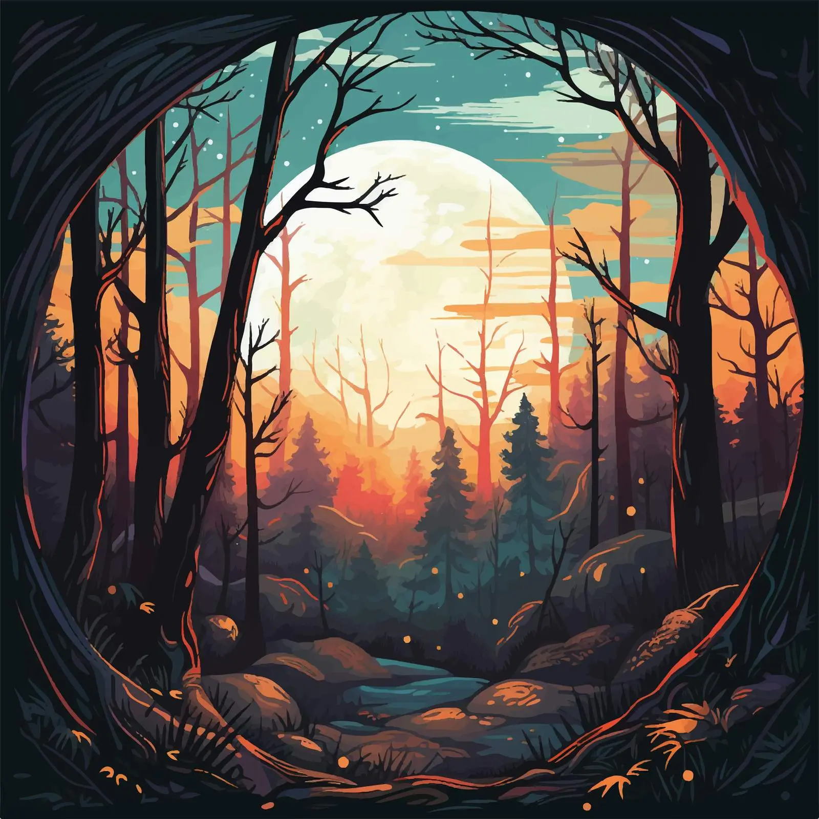 Moonrise Over the Forest Night Illustration Poster — free download from Dotvec