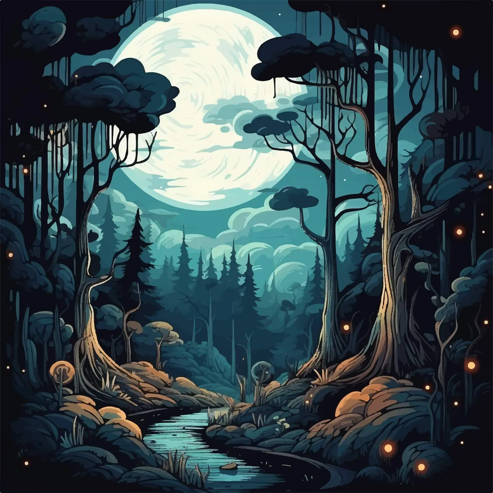 Moonrise Over Forest Night Illustration Poster — free download from Dotvec