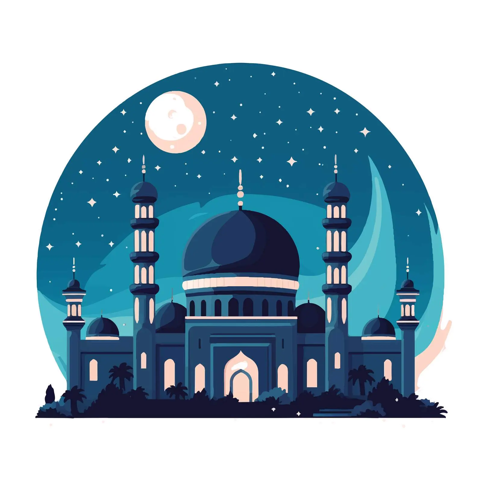 Night Mosque and Mecca Cartoon Vector Illustration — free download from Dotvec