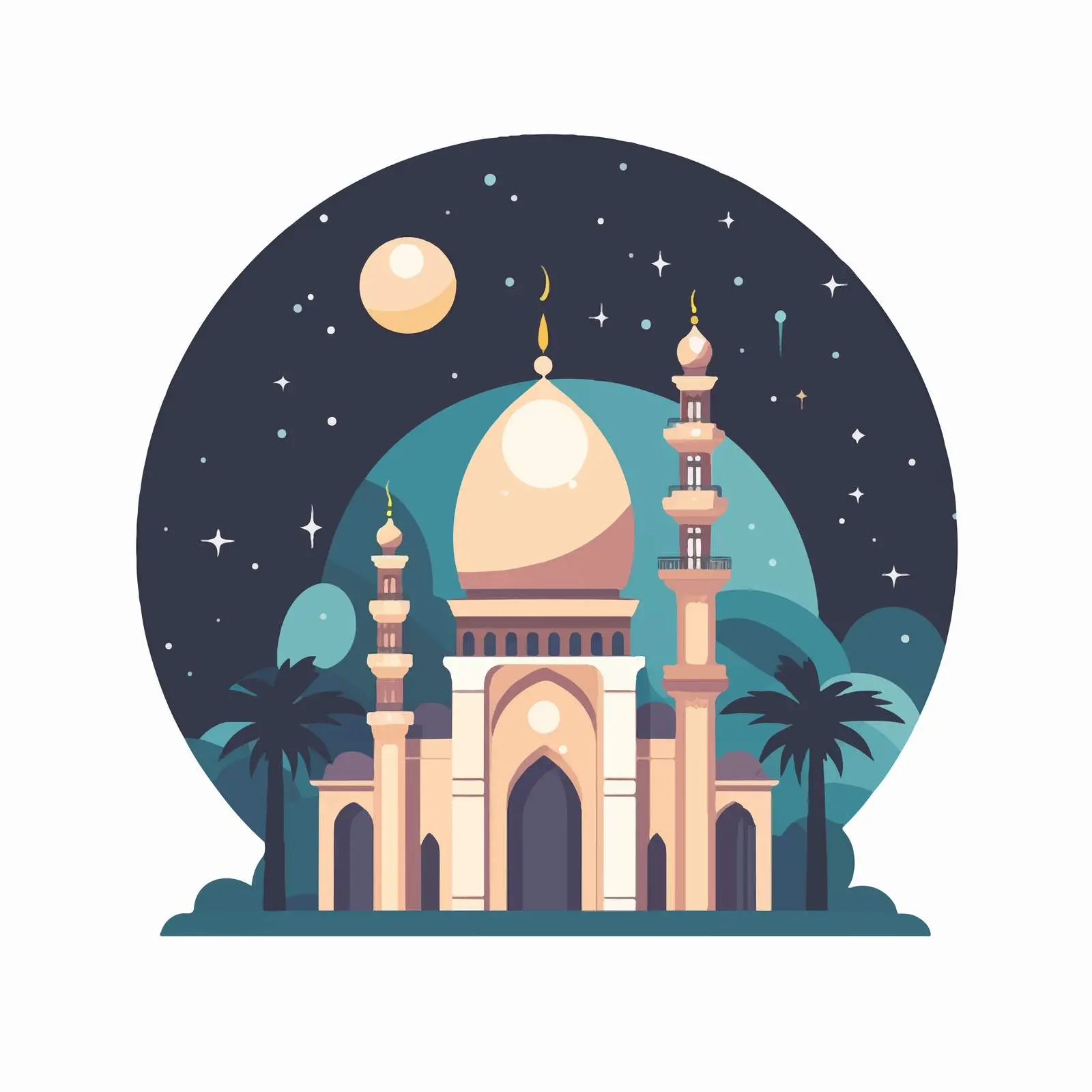 Nighttime Mosque and Mecca Cartoon Illustration — free download from Dotvec