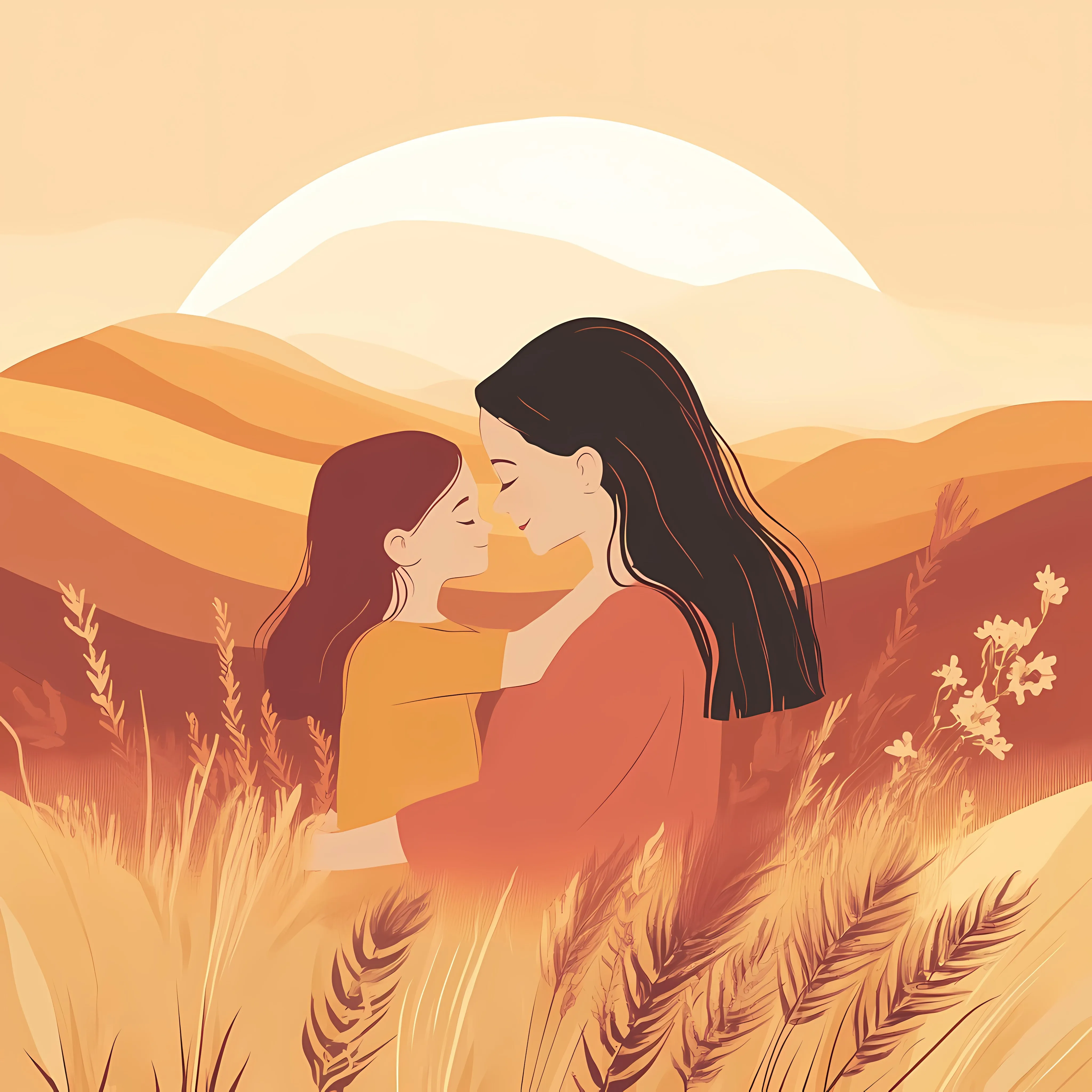 Mother and Daughter Embrace in Sunset Meadow — free download from Dotvec