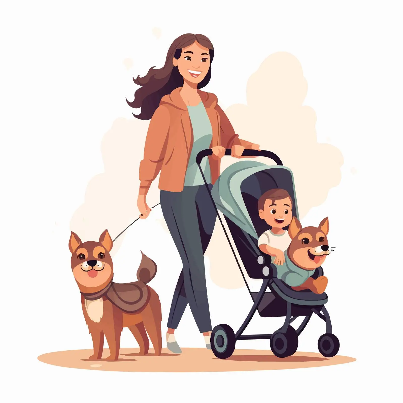 Mom with Twins in Tandem Stroller and Dog — free download from Dotvec