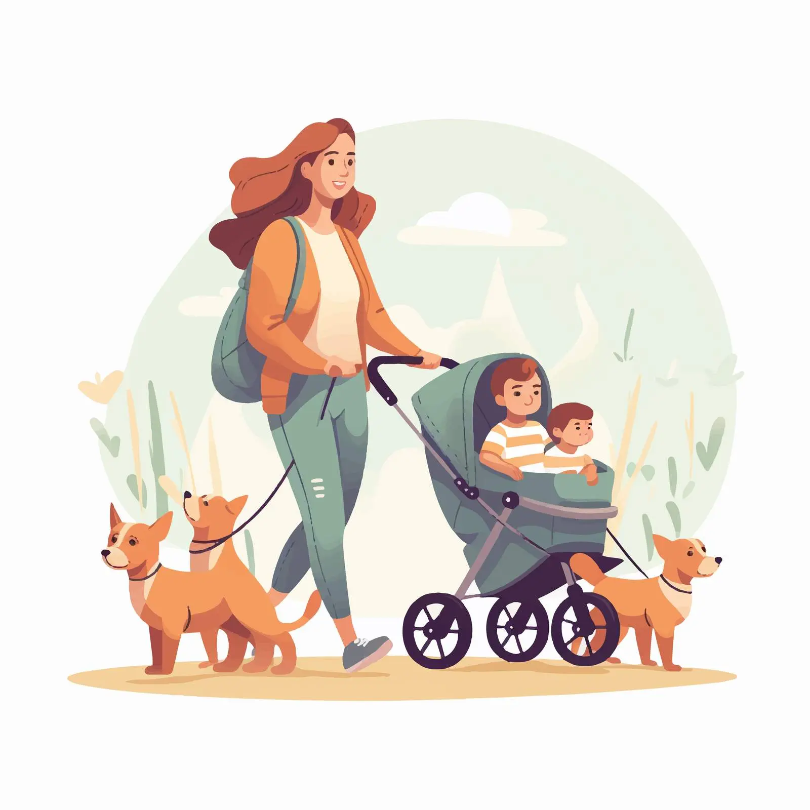Mom Walking Twins in Tandem Stroller with Dog – free dog walking image from Dotvec