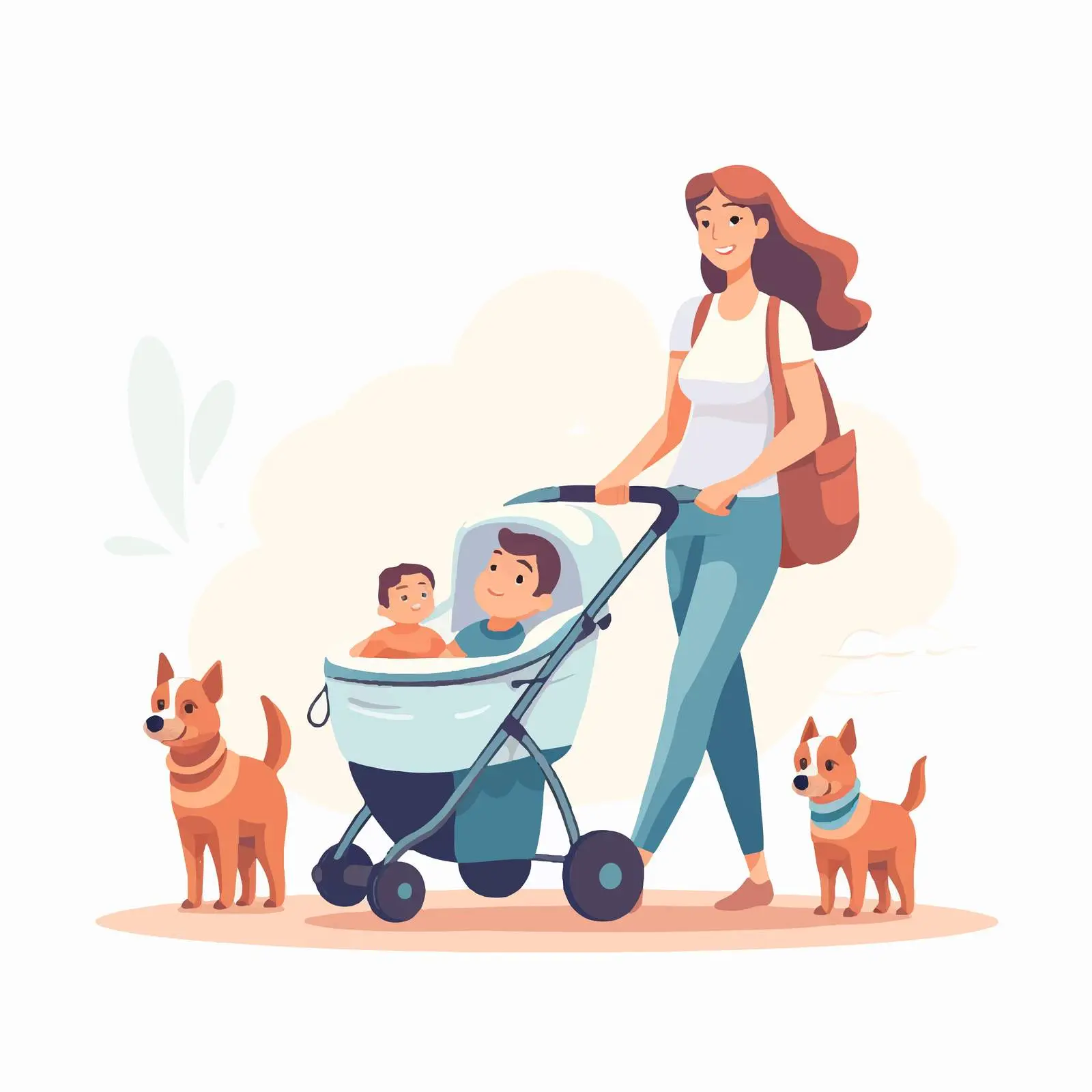 Mother and Twins in Tandem Stroller – free dog walking image from Dotvec