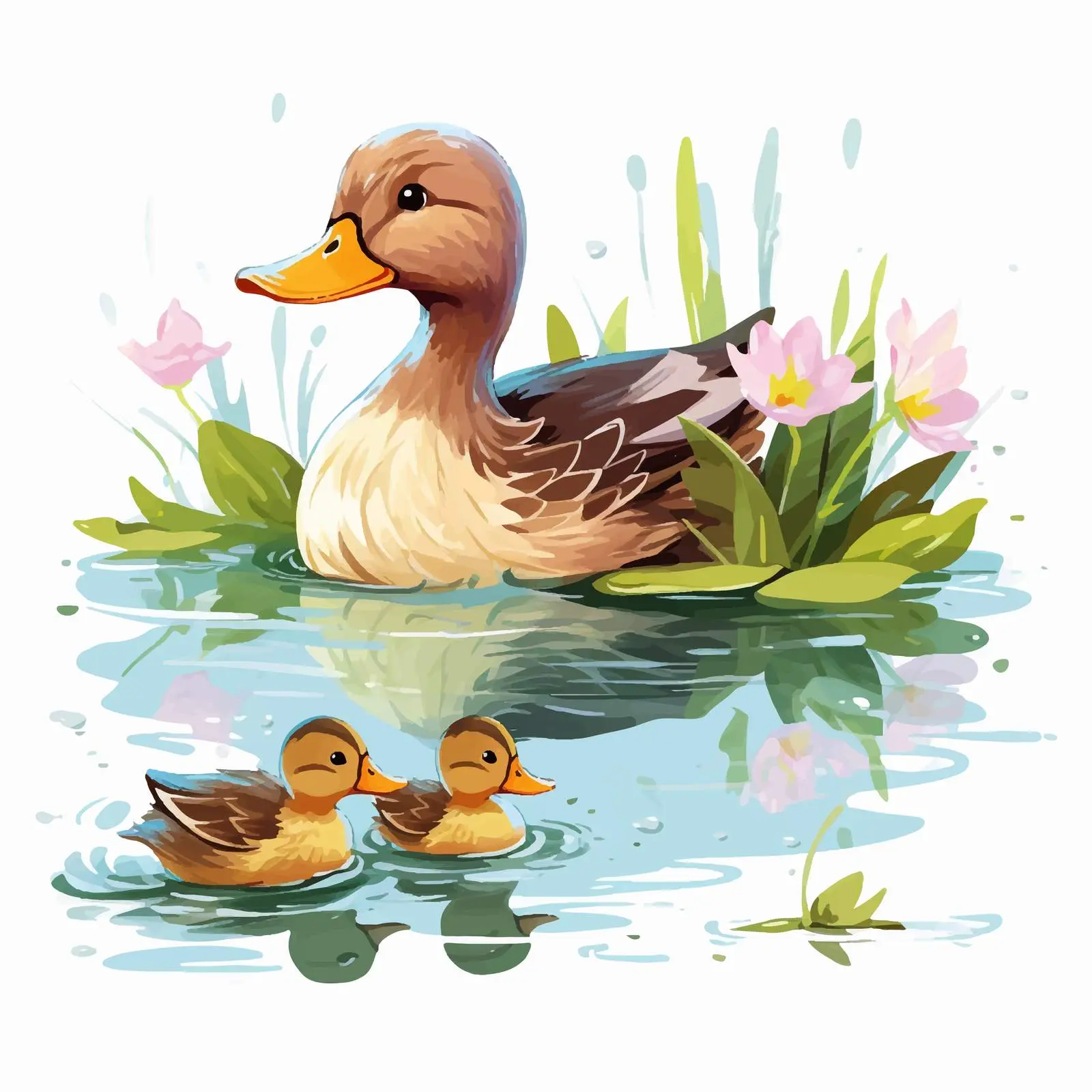 Mother Duck and Ducklings Swimming in Pond – free playful duck image from Dotvec